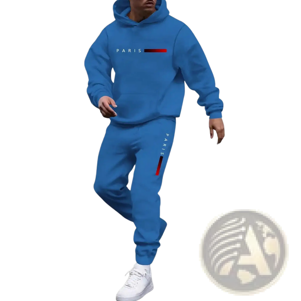 Men paris hoodie and joggers set in bright blue with red accent stripes featuring comfortable casual wear material