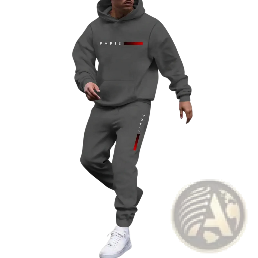 Men paris hoodie and joggers set in gray with red accent stripes designed for casual and athletic wear
