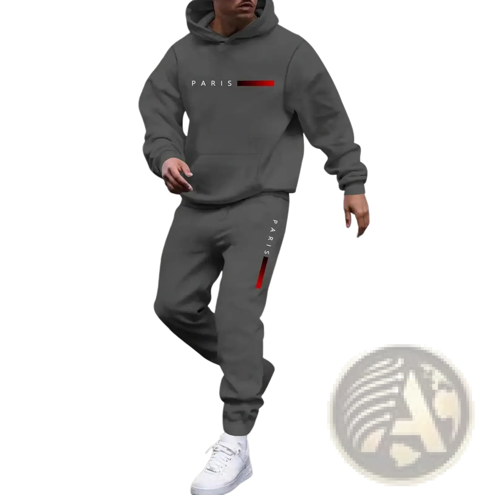 Men paris hoodie and joggers set in gray with red accent stripes designed for casual and athletic wear