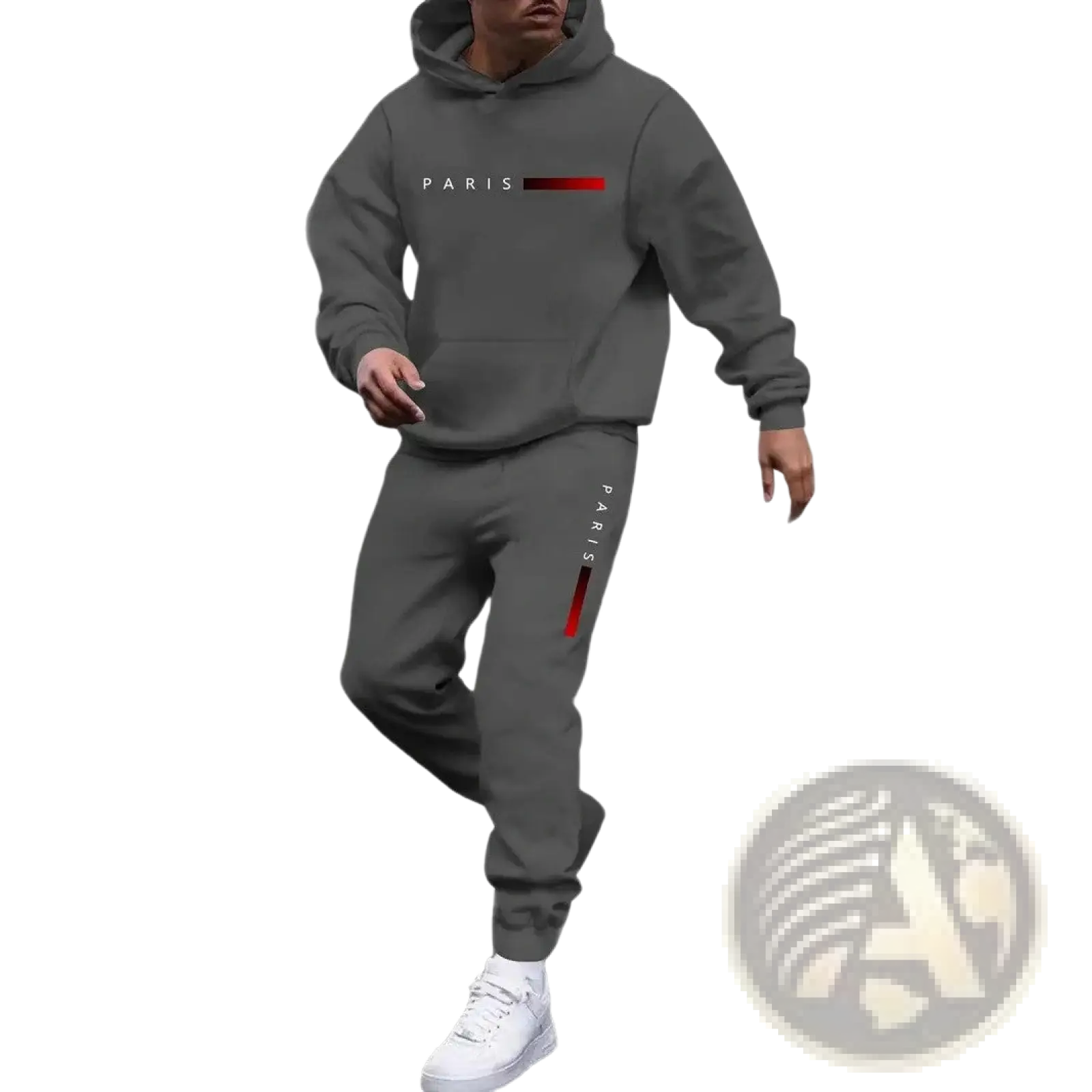 Men paris hoodie and joggers set in gray with red accent stripes featuring a comfortable casual design