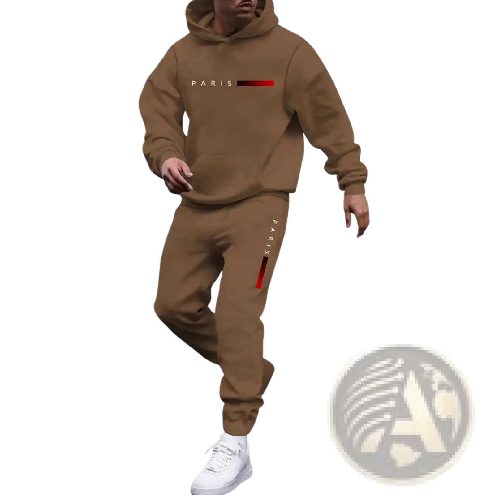 Men paris hoodie and joggers set in tan with white paris print and red stripe on hoodie and branded jogger sides