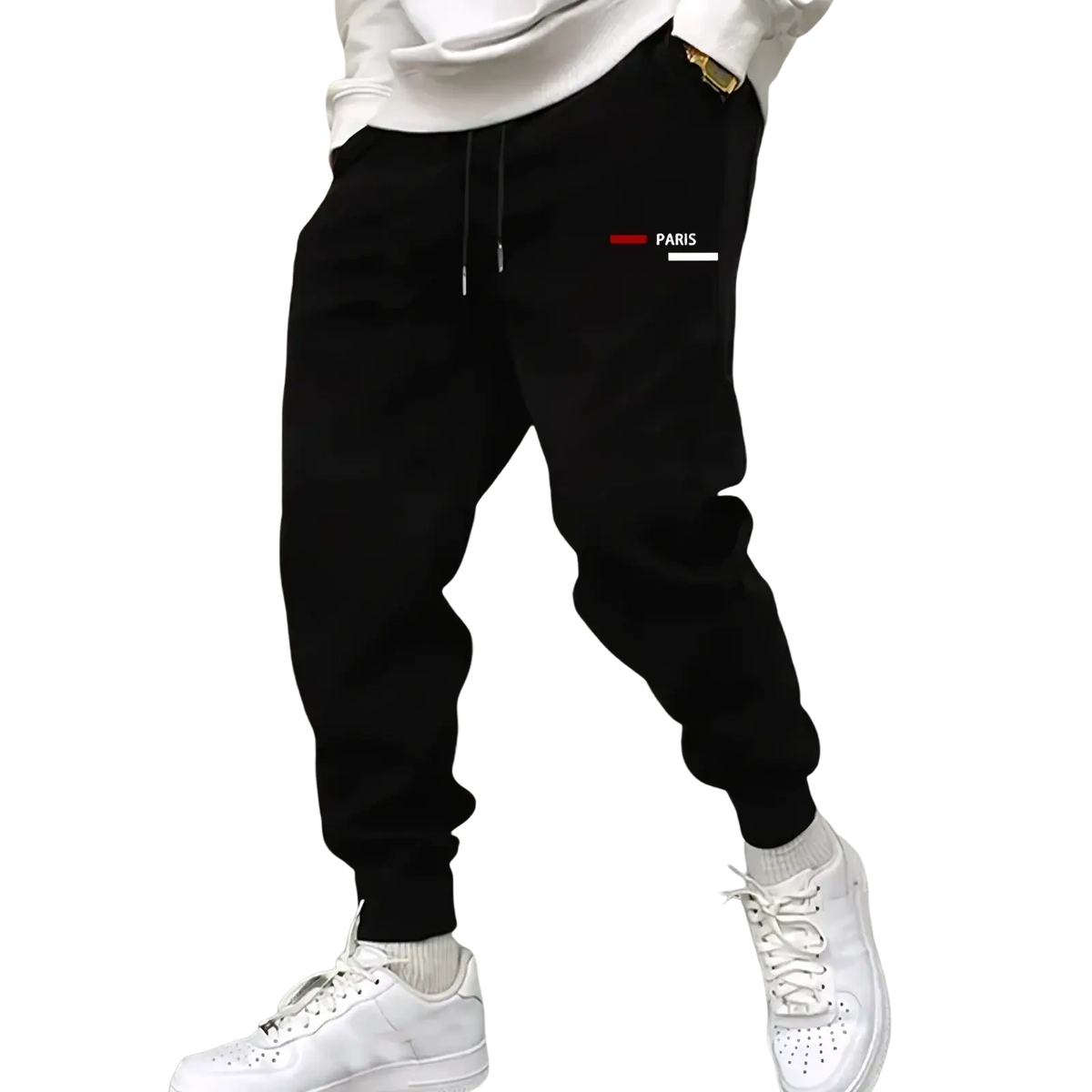 Black men paris logo jogger sweatpants featuring a paris patch on the thigh suitable for casual wear