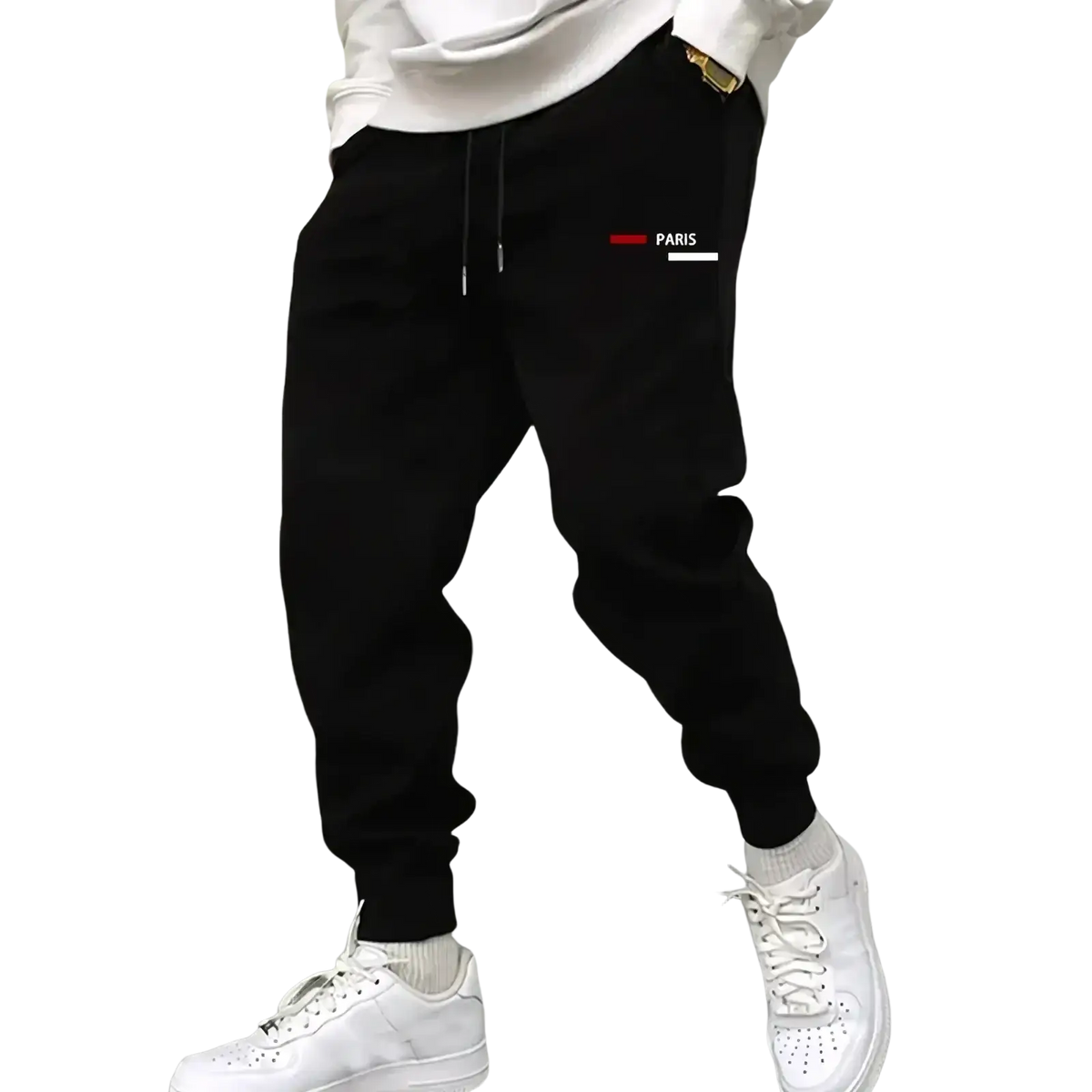 Black men paris logo jogger sweatpants with a subtle white and red paris logo on the thigh made from comfortable fabric