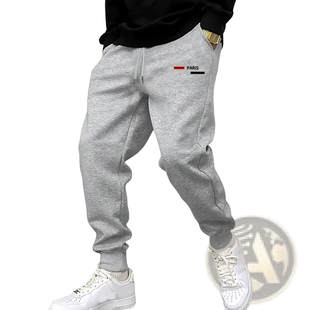 Men paris logo jogger sweatpants in gray heathered fabric featuring a paris logo patch on the left thigh