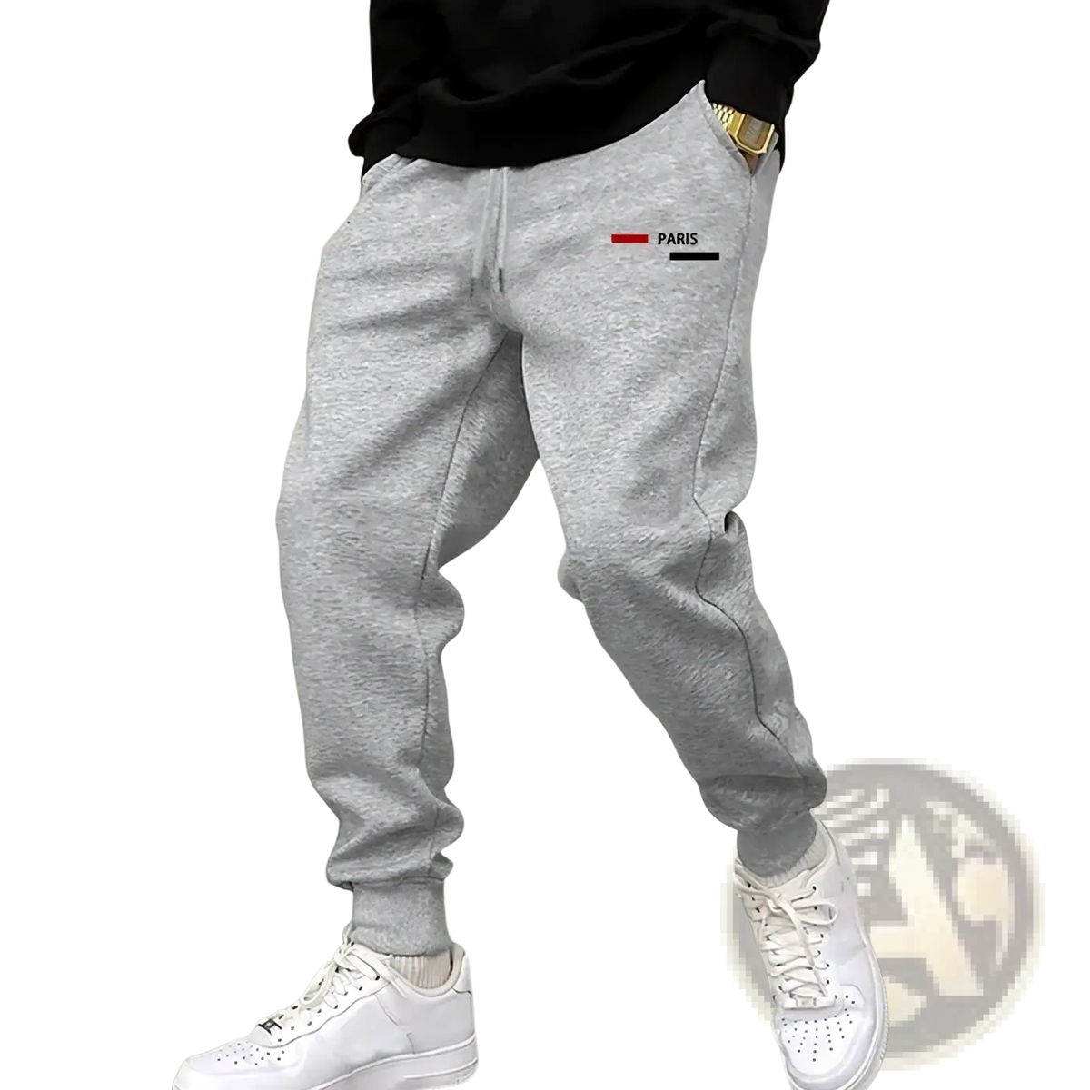 Men paris logo jogger sweatpants in gray heathered fabric featuring a paris logo patch on the left thigh