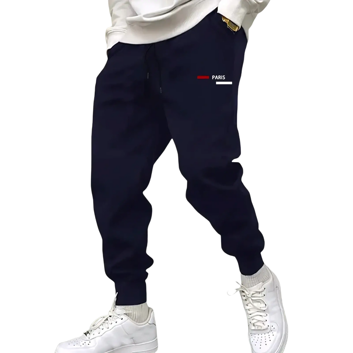 Men paris logo jogger sweatpants in navy blue with white and red paris logo on left thigh for casual wear
