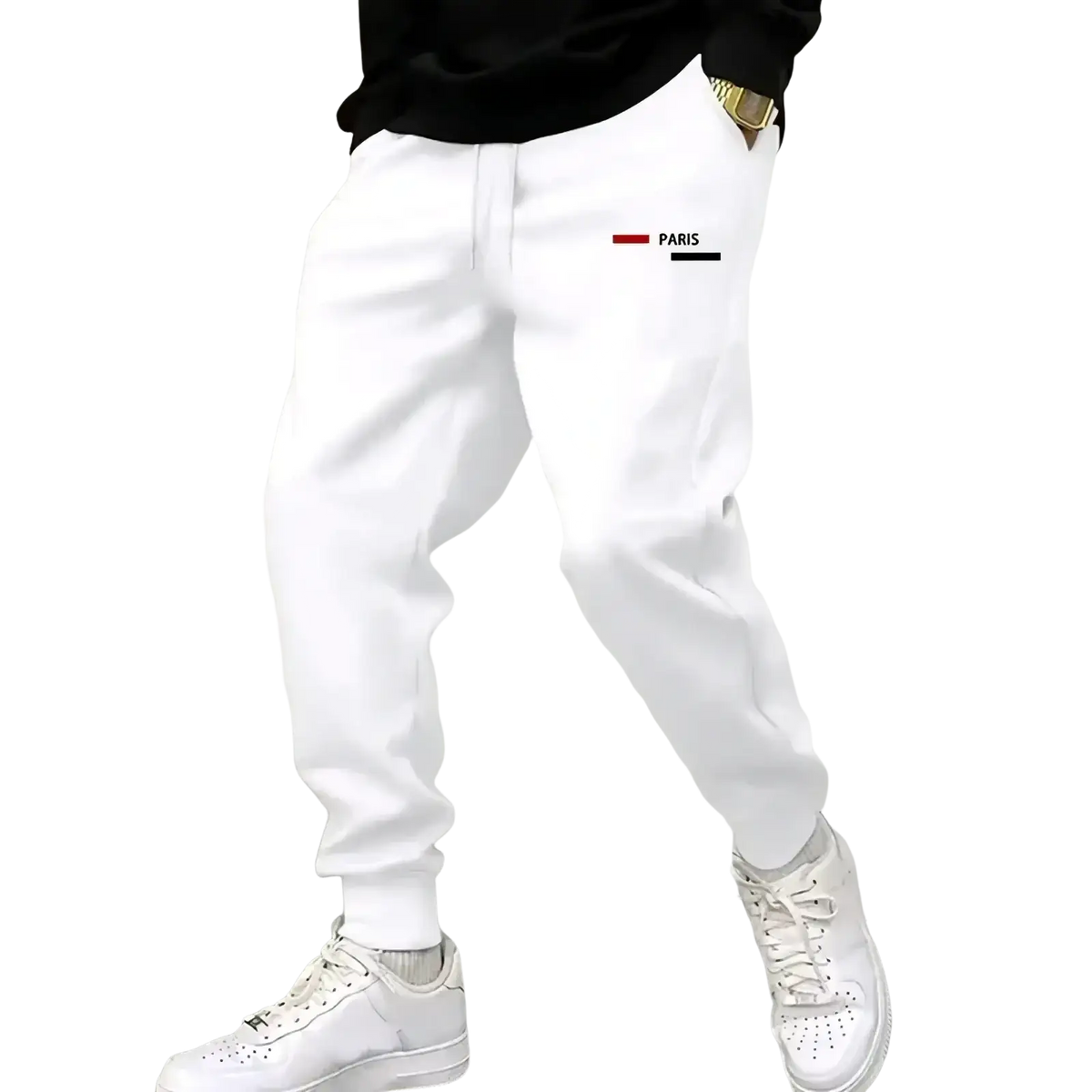 Men white jogger sweatpants featuring a minimalist paris logo patch on the left thigh for stylish comfort