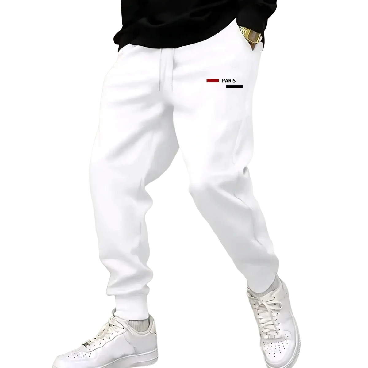 Men paris logo jogger sweatpants in white featuring a paris logo and red black stripes on the left thigh