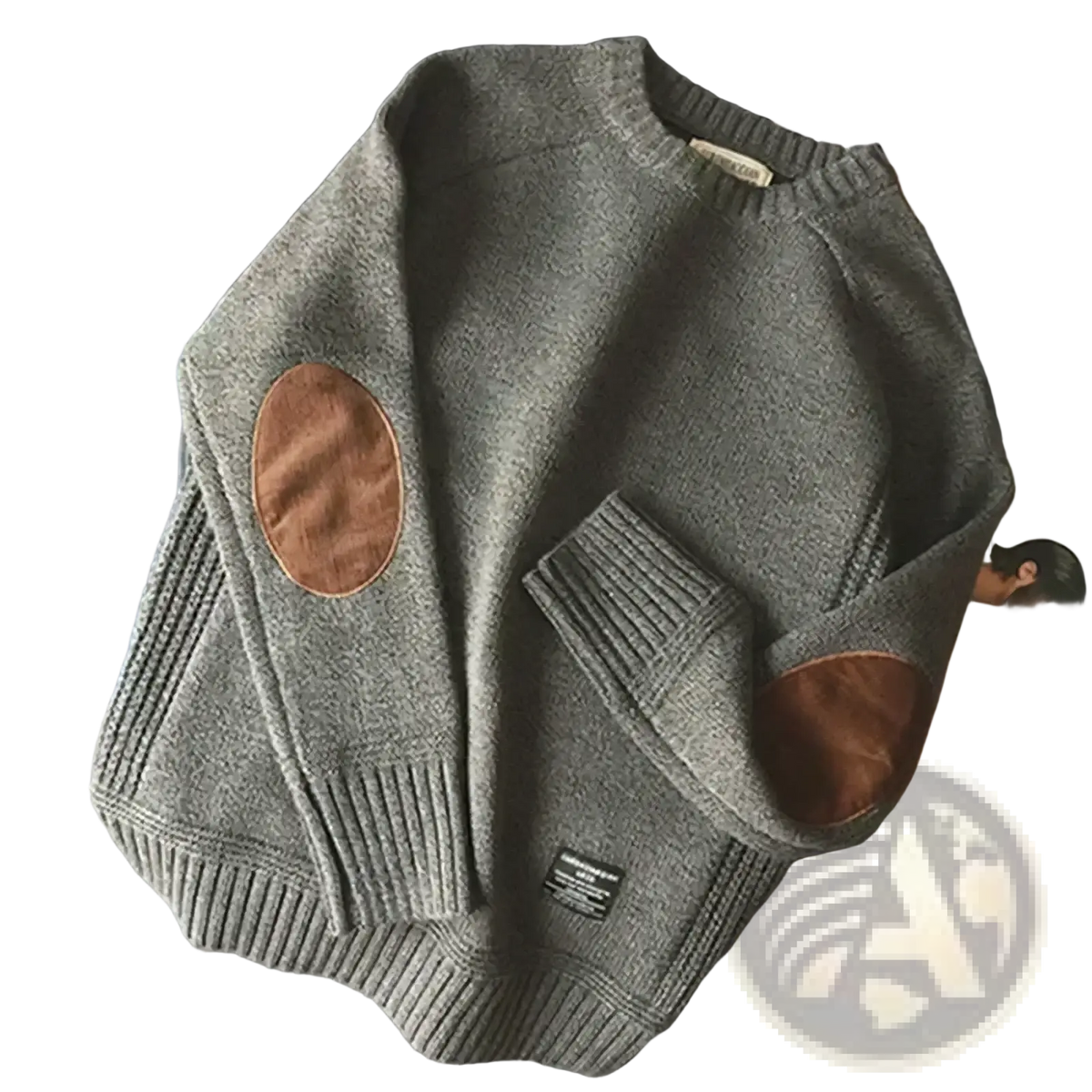 Men patch knit sweater casual pullover in gray with brown leather elbow patches and ribbed cuffs made of knit fabric