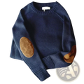 Men patch knit sweater casual pullover in navy blue wool with brown leather elbow patches for a stylish look