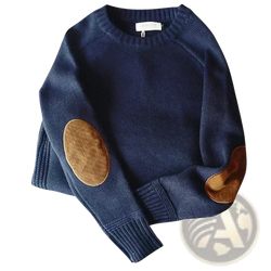 Men patch knit sweater casual pullover in navy blue wool with brown leather elbow patches for a stylish look