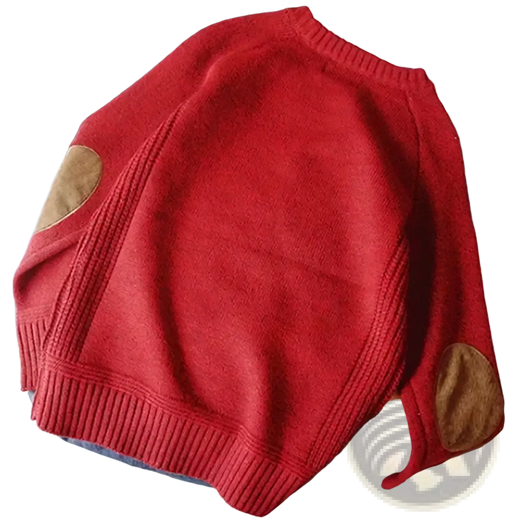 Men patch knit sweater casual pullover in red with brown elbow patches and ribbed cuffs made of knit fabric
