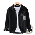 Men patchwork pocket casual shirt jacket in black long-sleeved button-up style with black and white checkered pocket