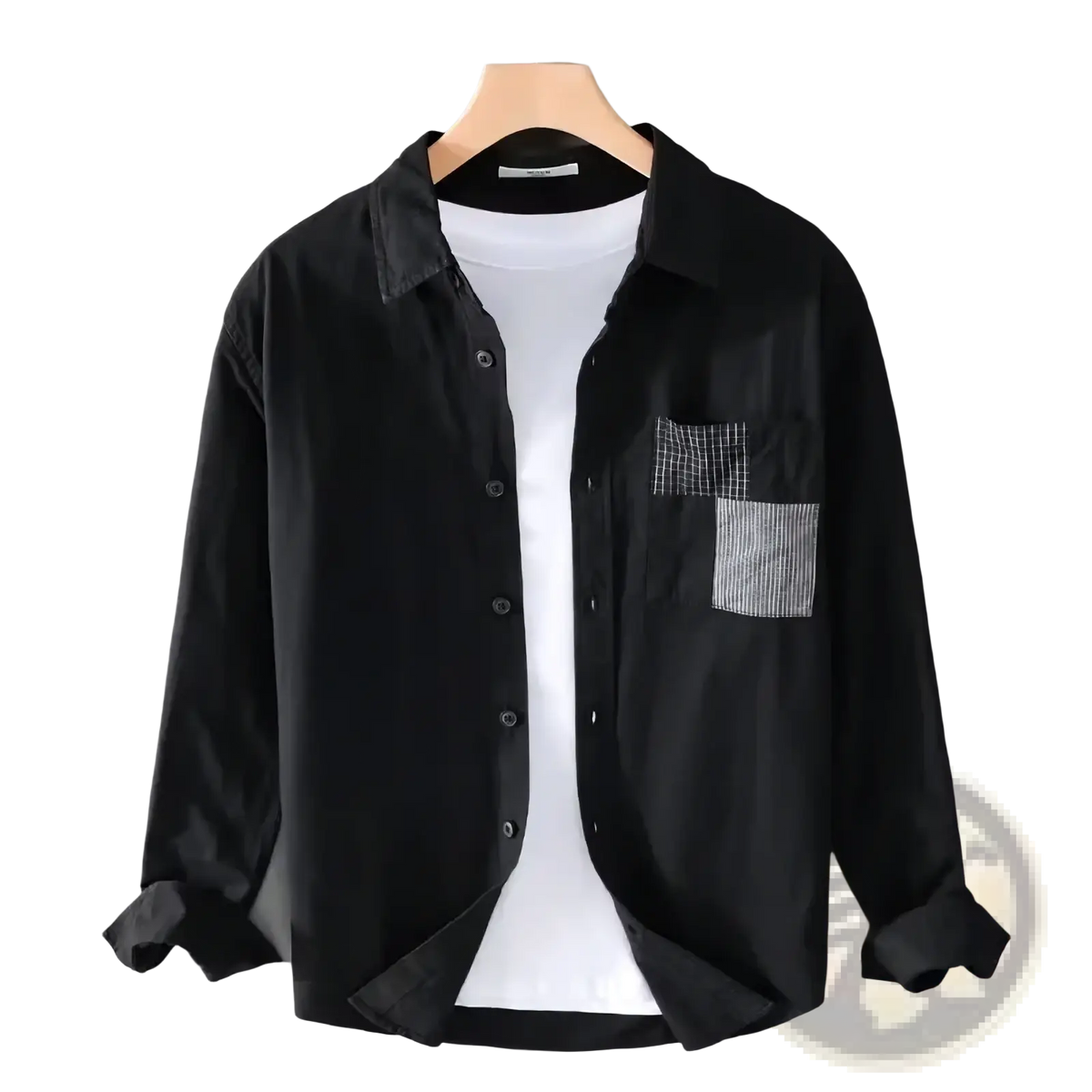 Men patchwork pocket casual shirt jacket in black long-sleeved button-up style with black and white checkered pocket