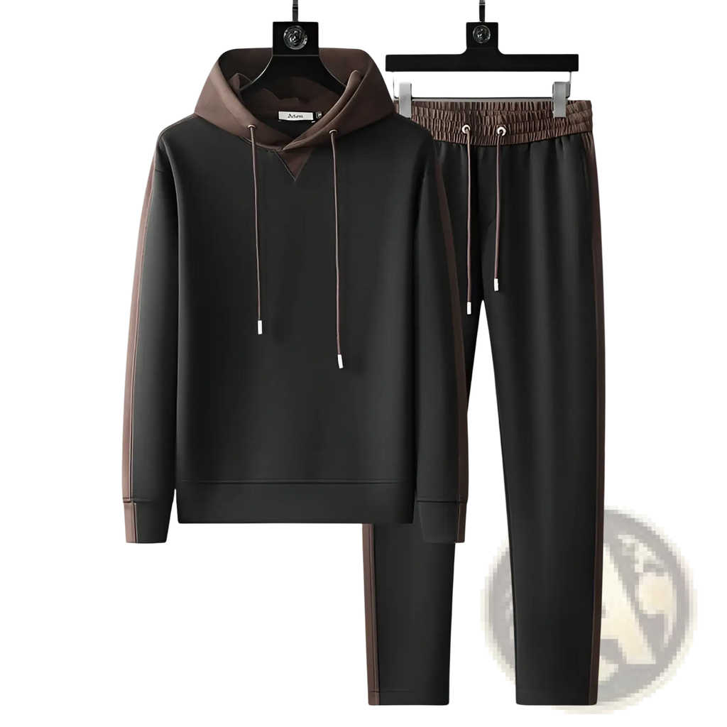 Men patchwork tracksuit hoodie set black and brown two-piece with contrasting side panels drawstring pants and hooded sweatshirt