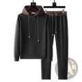 Men patchwork tracksuit hoodie set black and brown two-piece with contrasting side panels drawstring pants and hooded sweatshirt