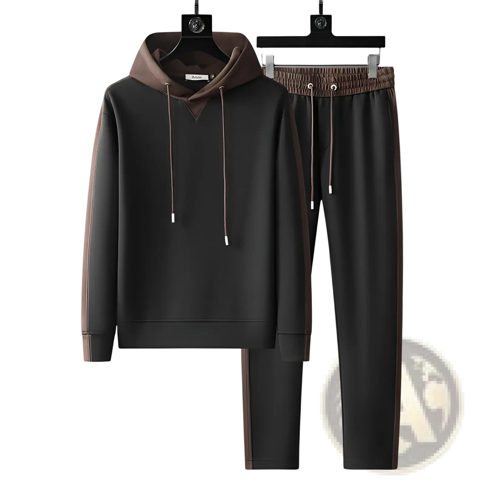 Men patchwork tracksuit hoodie set black and brown two-piece with contrasting side panels drawstring pants and hooded sweatshirt