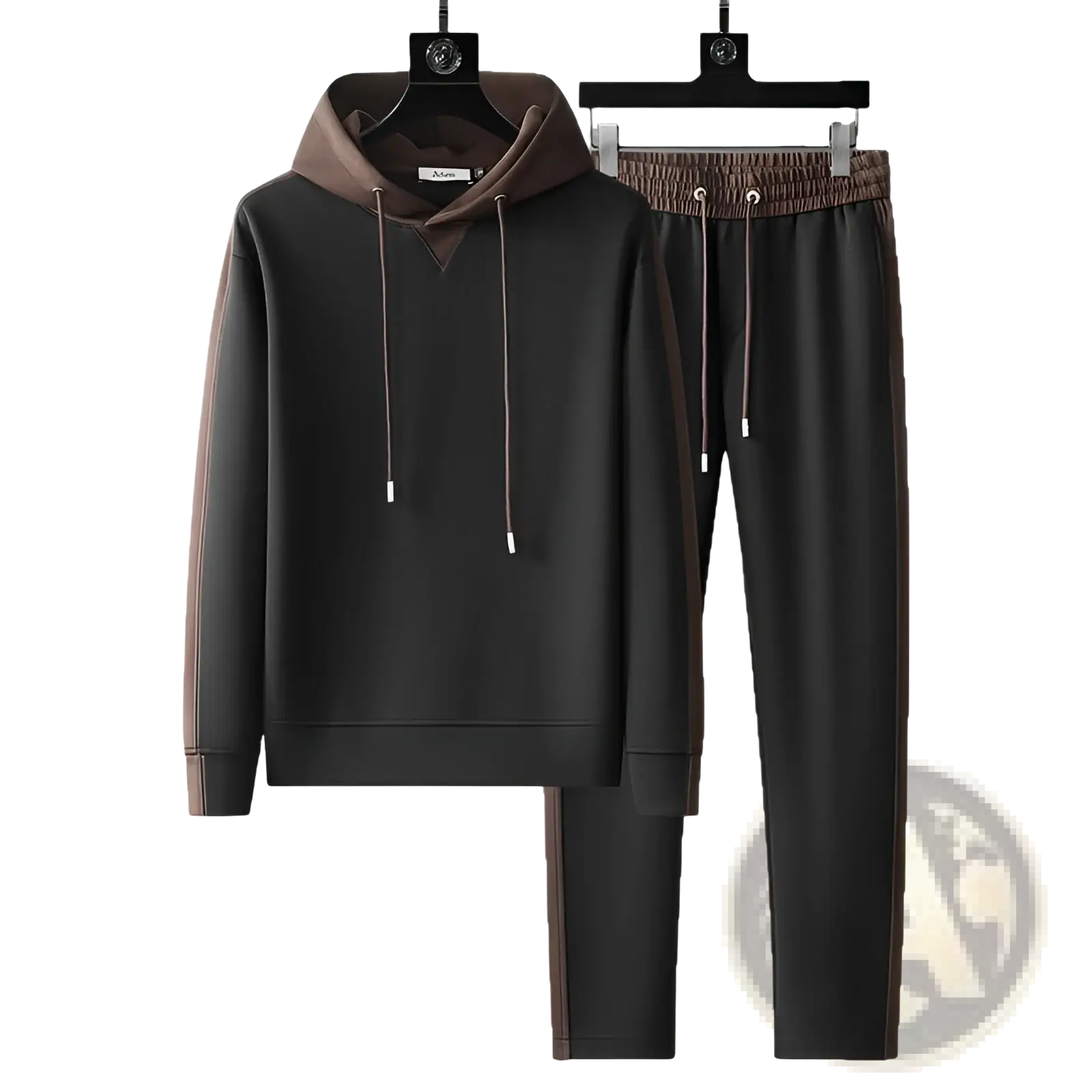 Men patchwork tracksuit hoodie set with black and brown two-piece design and contrasting side panels with drawstring hood