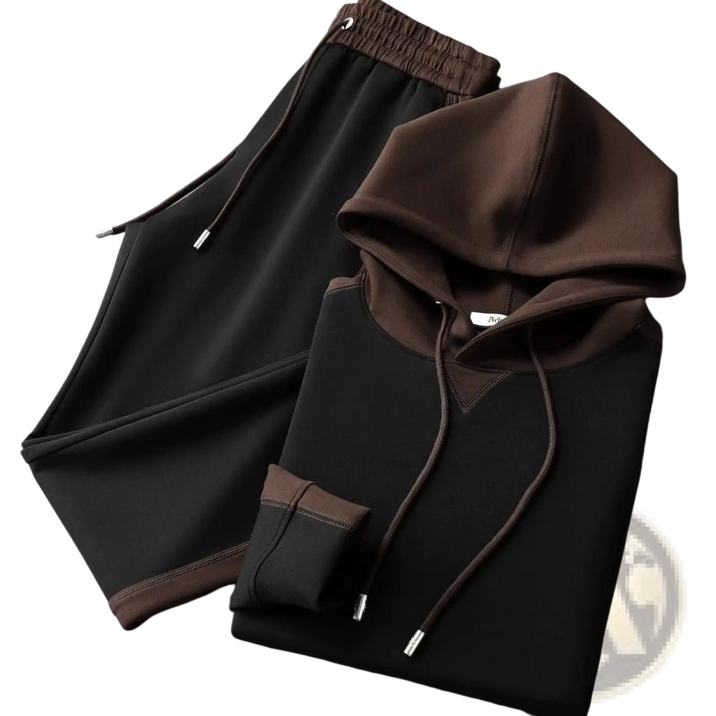 Men patchwork tracksuit hoodie set in black and brown with contrasting trim two-piece sweatshirt for casual wear