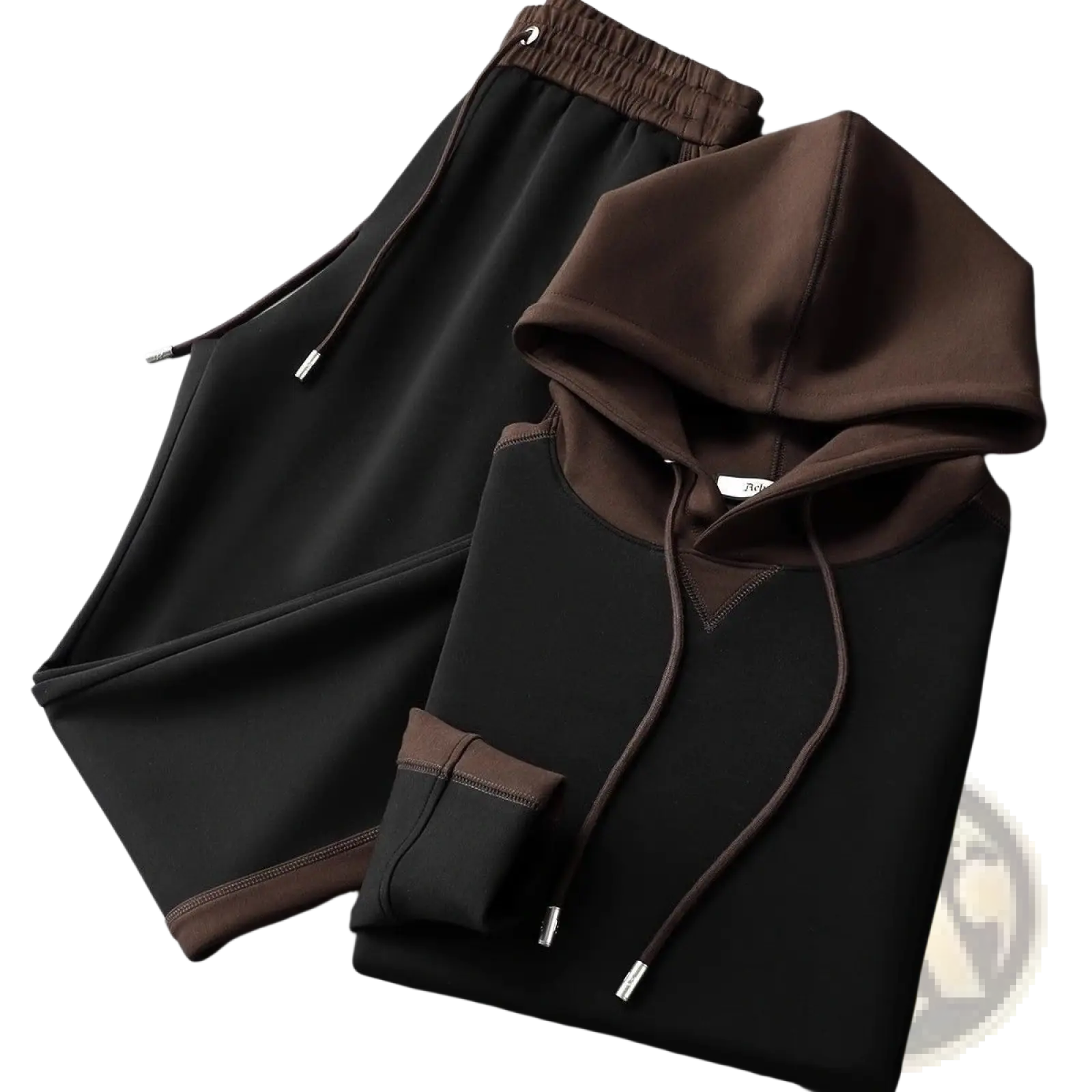 Men patchwork tracksuit hoodie set in black and brown with contrasting trim two-piece sweatshirt for casual wear
