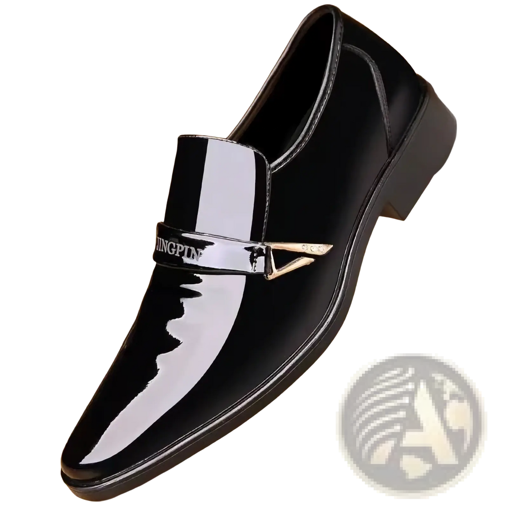 Men patent leather casual oxford shoe in black with glossy finish and silver-toned metal buckle slip-on design