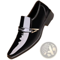 Men patent leather casual oxford shoe in black with glossy finish and silver-toned metal buckle slip-on design
