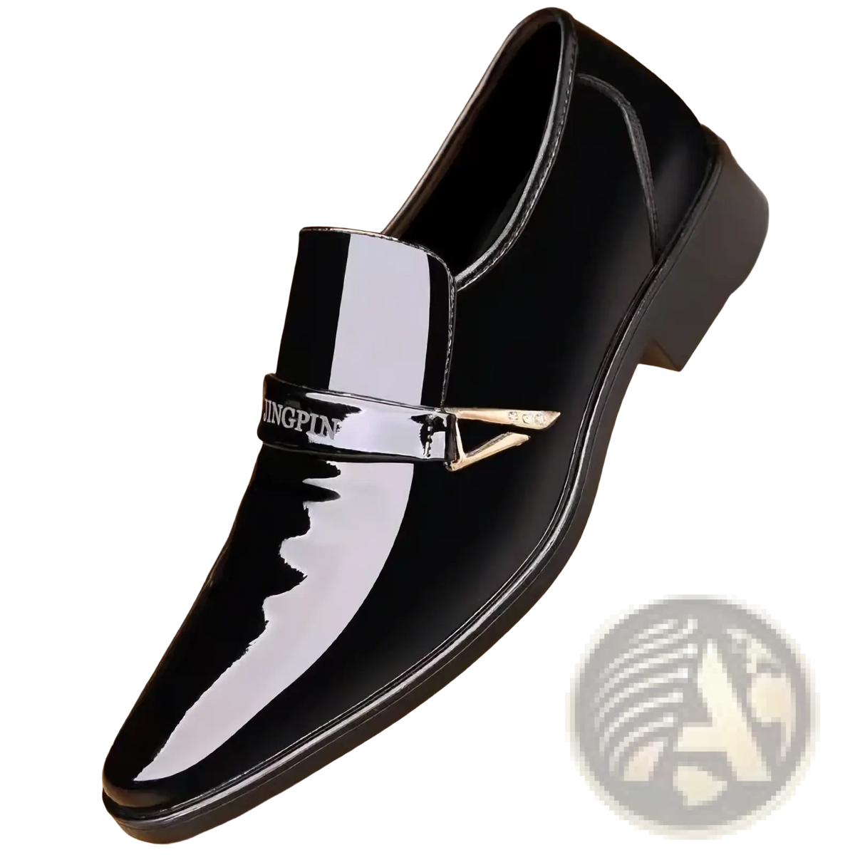 Men patent leather casual oxford shoe in black with glossy finish and silver-toned metal buckle slip-on design
