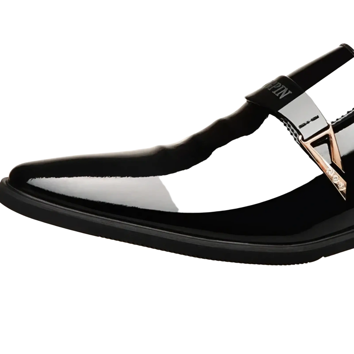 Men patent leather casual Oxford shoe in black with glossy finish and rose gold-tone metal buckle detail