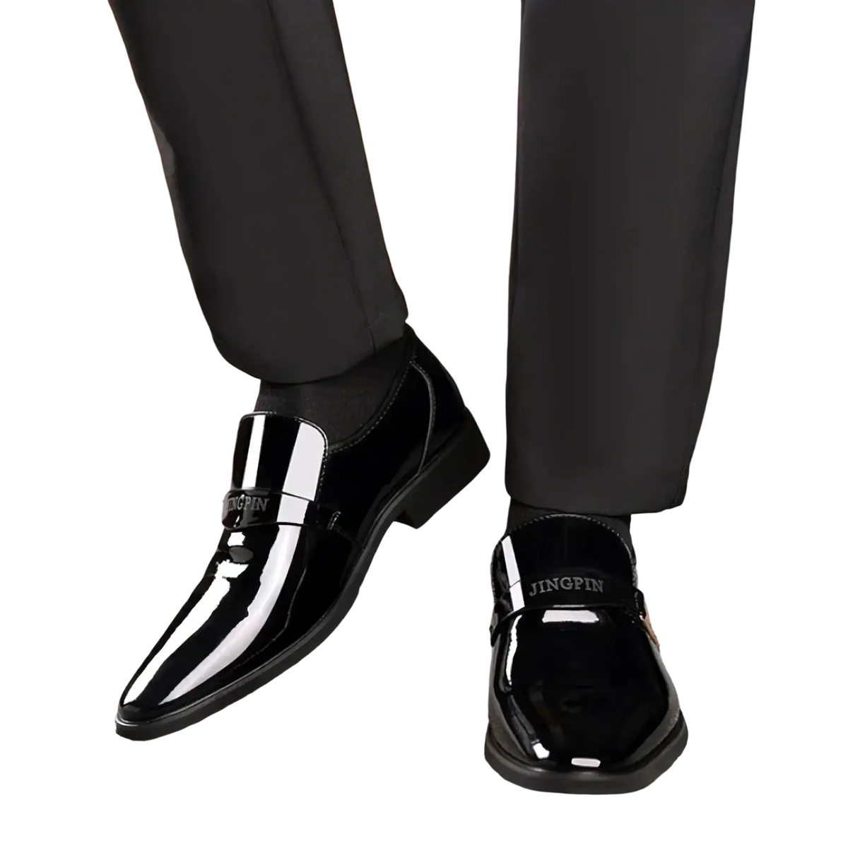 Men patent leather casual oxford shoes in black with a glossy finish and white stripe slip-on design