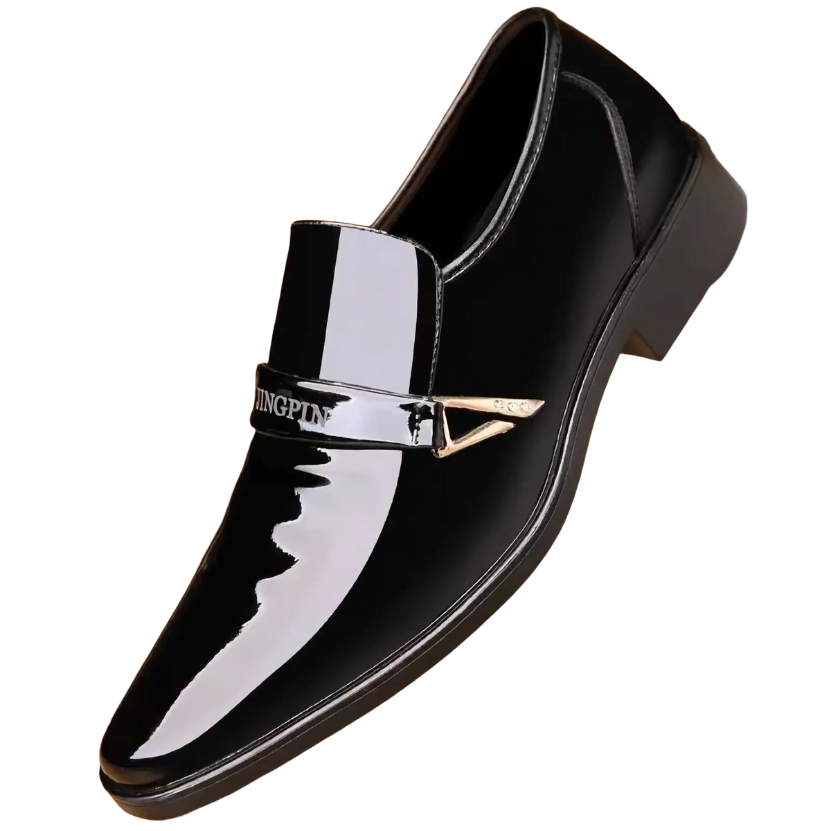 Men patent leather casual oxford shoe in black with glossy finish and silver-toned metal buckle slip-on design