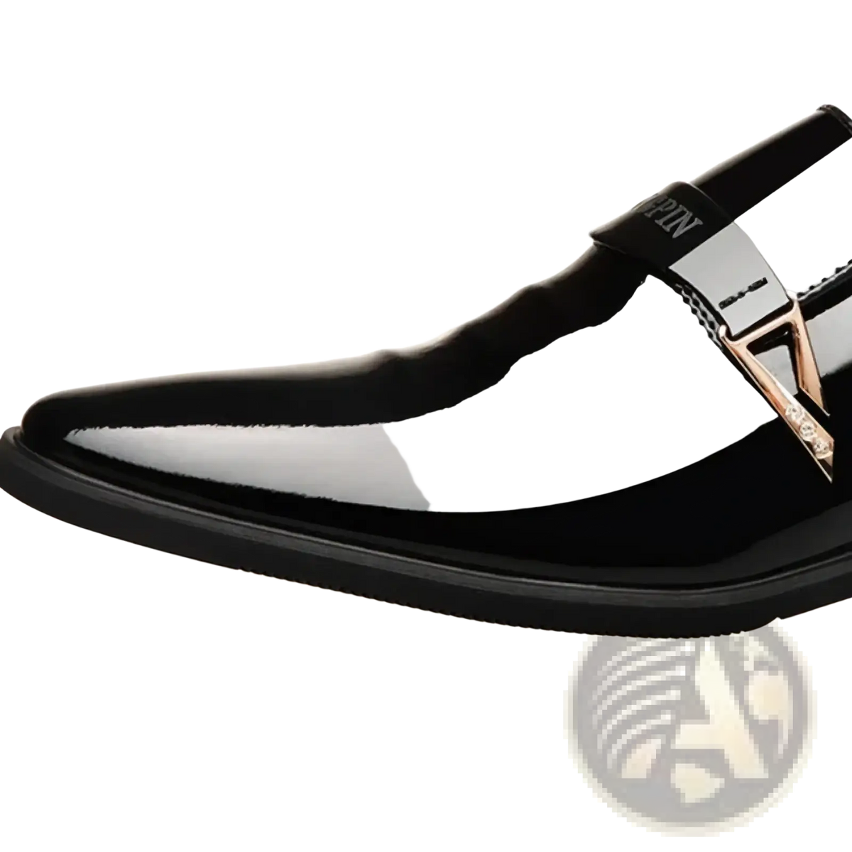 Men patent leather casual Oxford shoe in black with glossy finish and rose gold-tone metal buckle detail