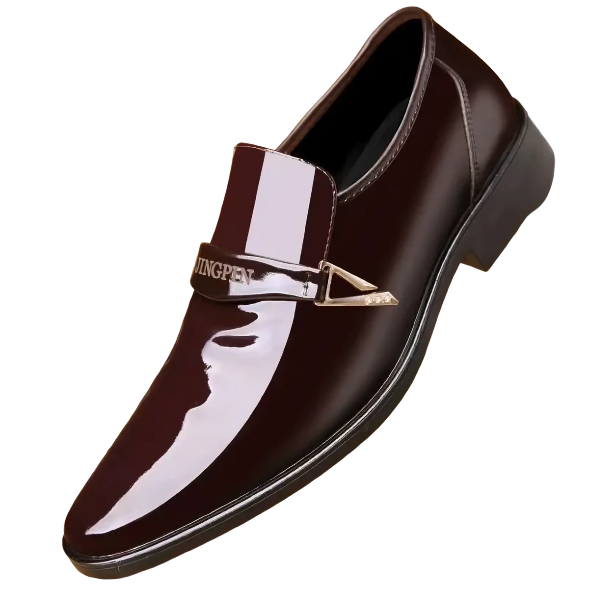 Men patent leather casual oxford shoe in burgundy with white glossy stripe and silver metal buckle detail