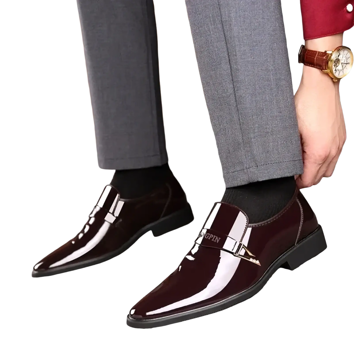Men patent leather casual oxford shoes in burgundy with glossy finish and silver-toned buckle slip-on design