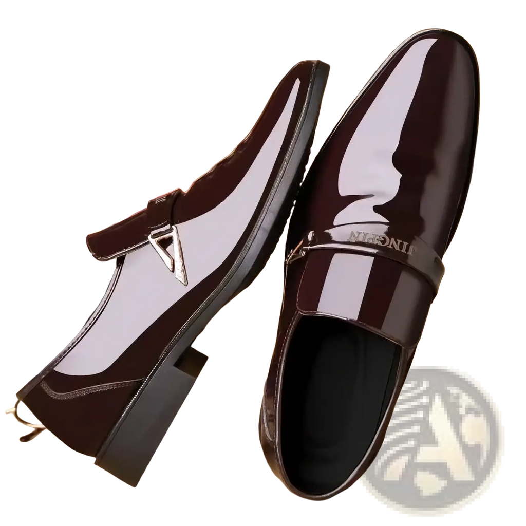 Men patent leather casual oxford shoes in burgundy and silver two-tone with triangular buckle detail