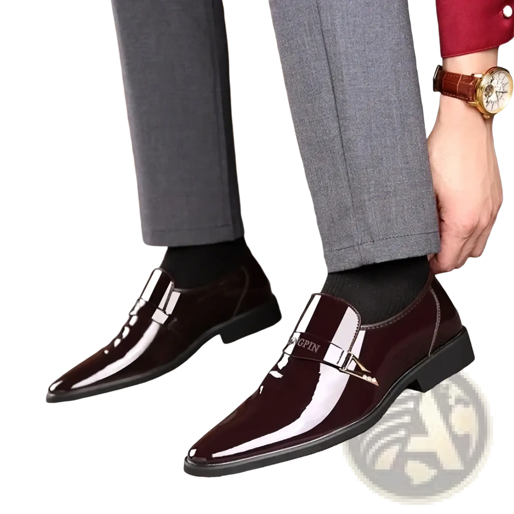 Men patent leather casual oxford shoes in burgundy with glossy finish and silver-toned buckle slip-on design