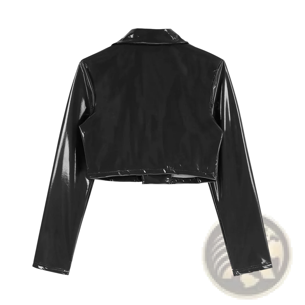 Men patent leather cropped jacket in black patent leather with long sleeves and collar for rave and motorcycle use