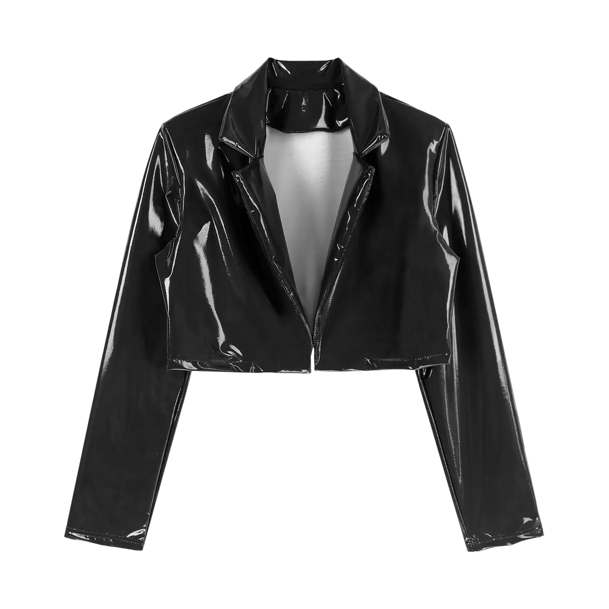 Men patent leather cropped jacket in black patent leather with a sleek glossy finish and structured collar