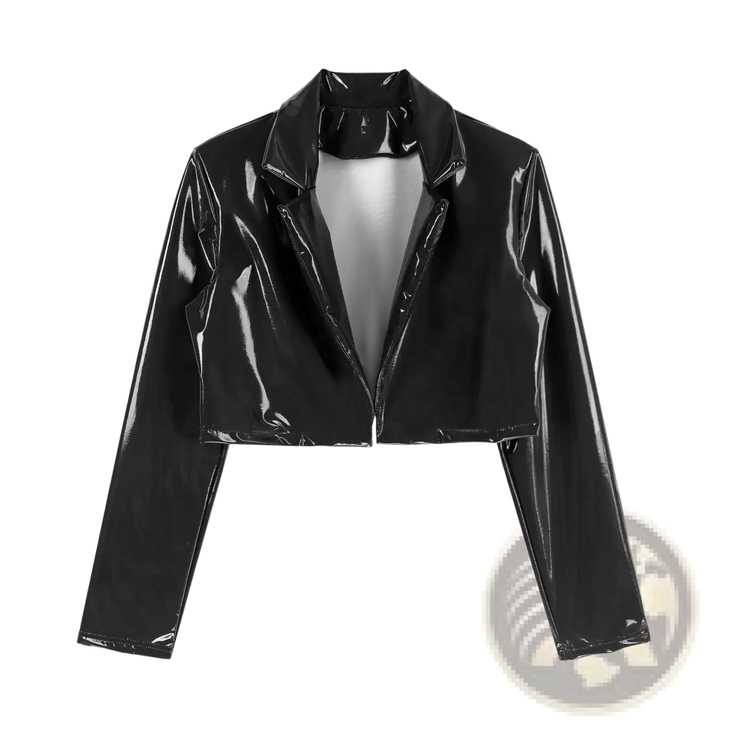Black patent leather cropped blazer with sleek glossy finish and classic collar for rave motorcycle style