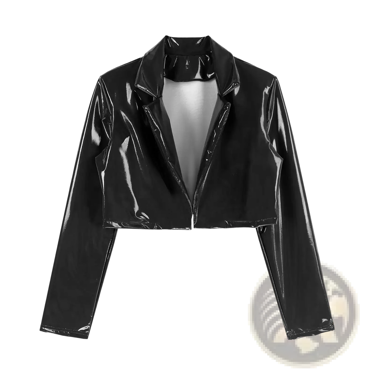 Black patent leather cropped blazer with sleek glossy finish and classic collar for rave motorcycle style