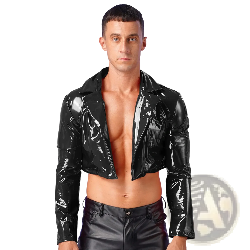 Black glossy patent leather cropped jacket with zipper front and long sleeves for men rave motorcycle coat