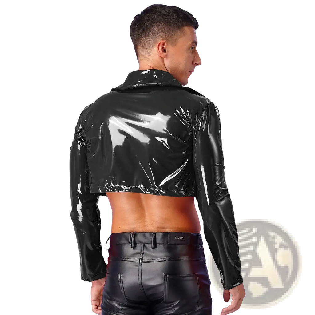 Black glossy patent leather cropped jacket with long sleeves and collar for men rave motorcycle coat