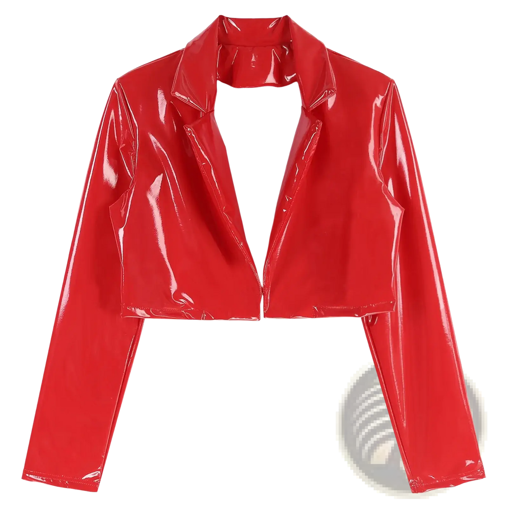 A shiny red patent leather men cropped jacket with a structured collar and long sleeves for rave or motorcycle use
