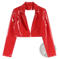 A shiny red patent leather men cropped jacket with a structured collar and long sleeves for rave or motorcycle use