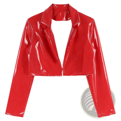 A shiny red patent leather men cropped jacket with a structured collar and long sleeves for rave or motorcycle use