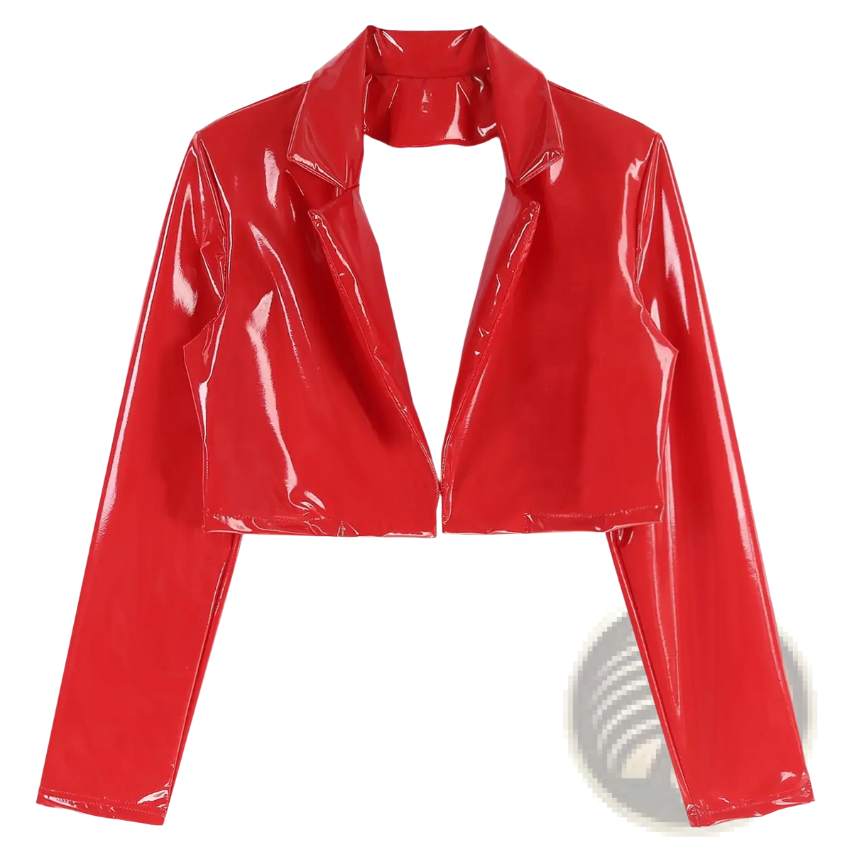 A shiny red patent leather men cropped jacket with a structured collar and long sleeves for rave or motorcycle use