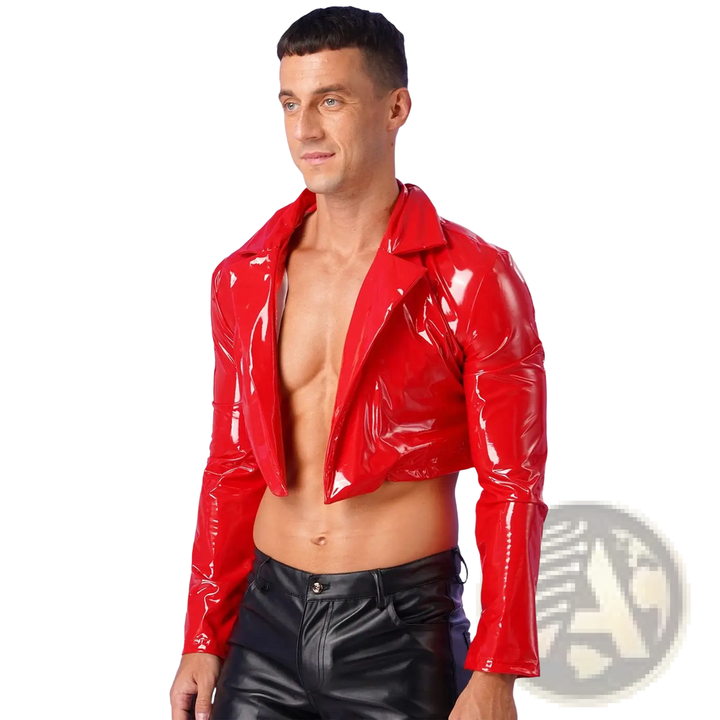 A shiny red patent leather cropped jacket with collar and long sleeves for men rave motorcycle coat