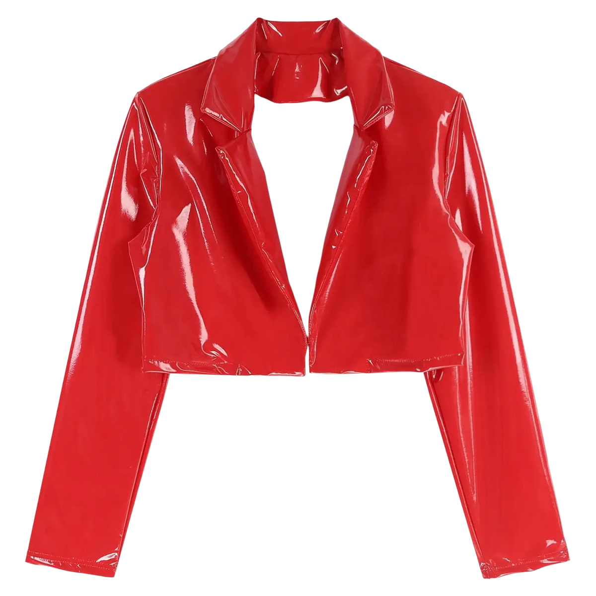 A shiny red patent leather men cropped jacket with a structured collar and long sleeves for rave or motorcycle use