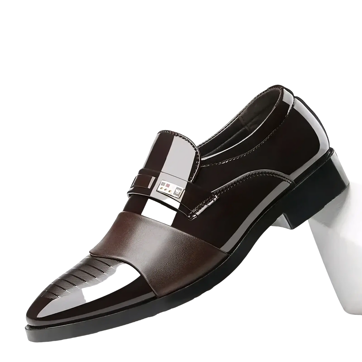 Men patent leather formal oxfords in black patent and matte brown leather with silver-toned rectangular buckle