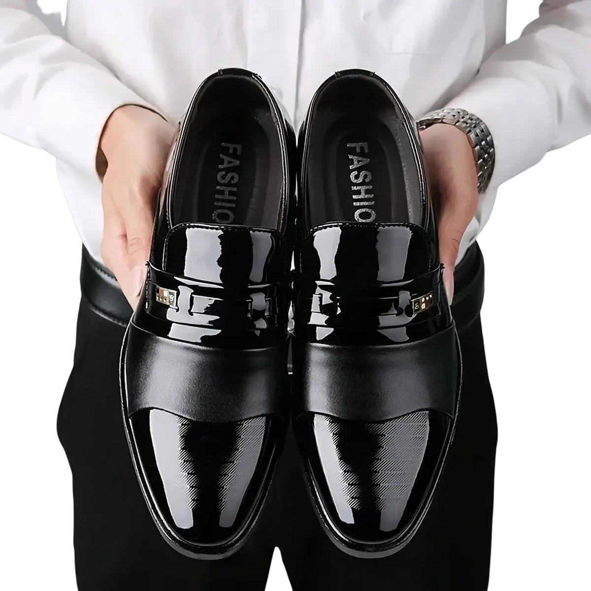 Men patent leather formal oxfords in black with glossy finish and gold-tone buckle accents for elegant wear