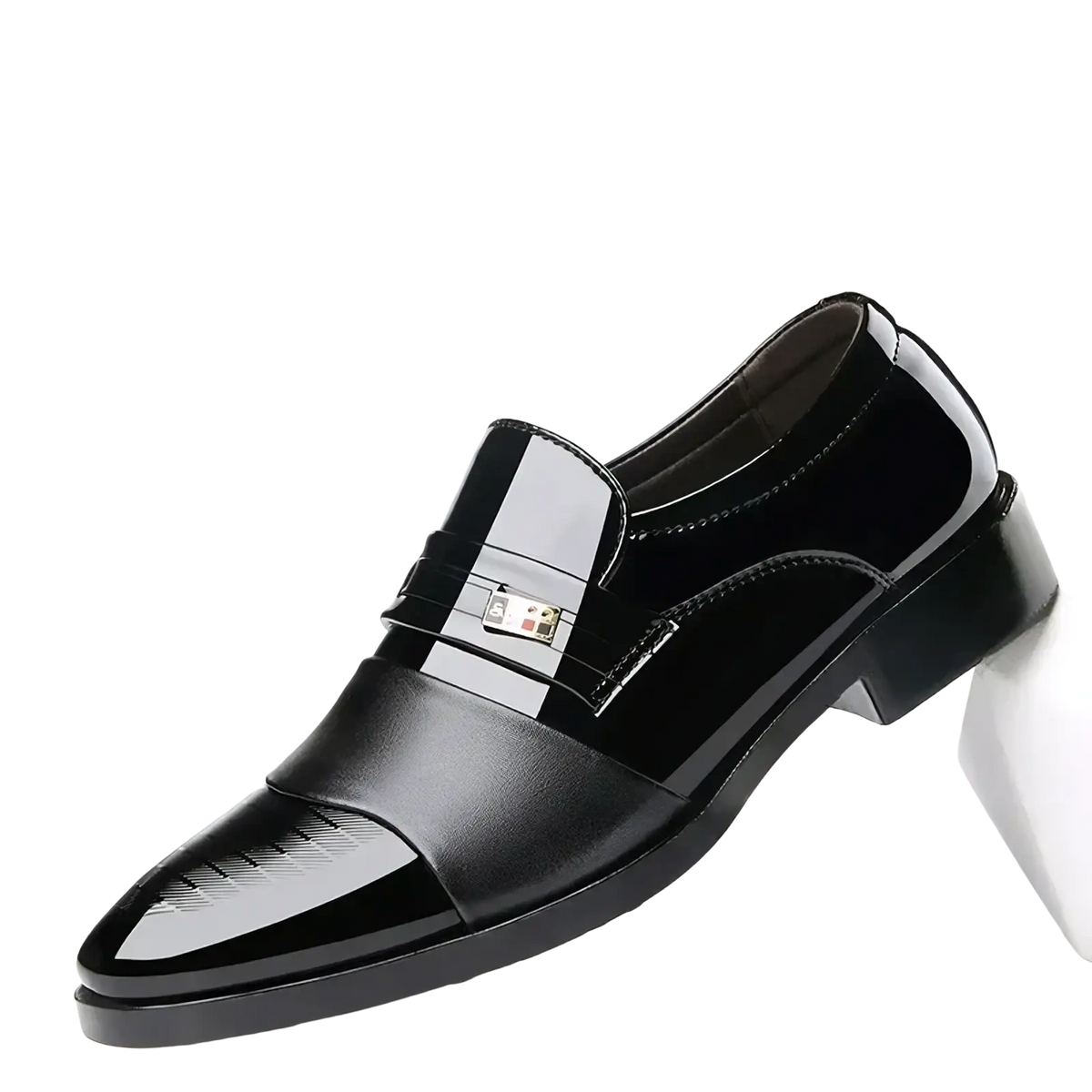 Men patent leather formal oxfords black slip-on shoes with glossy finish and metallic buckle accent